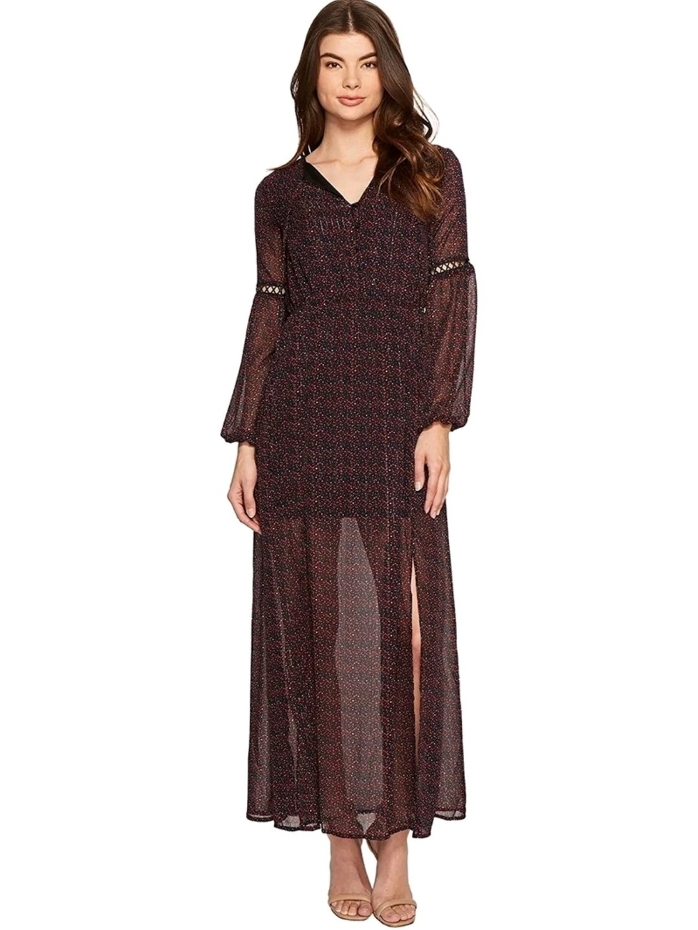 Romeo and Juliet Couture BURGUNDY Peasant Sleeve Lyrex Print Dress, M (220)